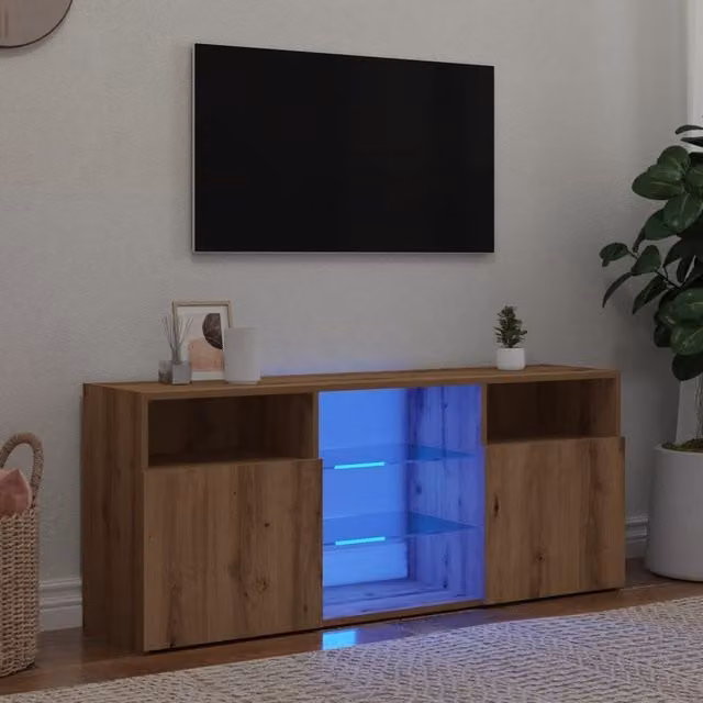 Berkfield Home Modern TV Cabinet with LED Lights in Artisan Oak Brown, W/D/H: 120 x 30 x 50 cm – 1