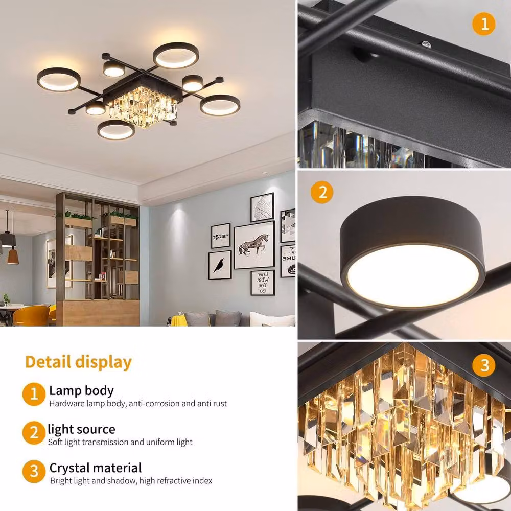 Garwarm 65W 8-Head Crystal LED Ceiling Light Flush Mount Chandelier in Black – 3