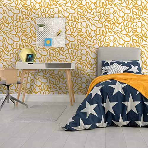 Holden Decor Squiggle Doodle Geometric Wallpaper in Ochre Yellow and White – 2