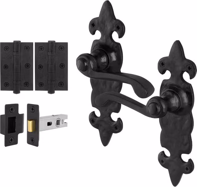 AFIT Black Antique Cast Iron Door Handle and Hinge Set with 64mm Latch, H x W: 15.0 x 15.0 cm