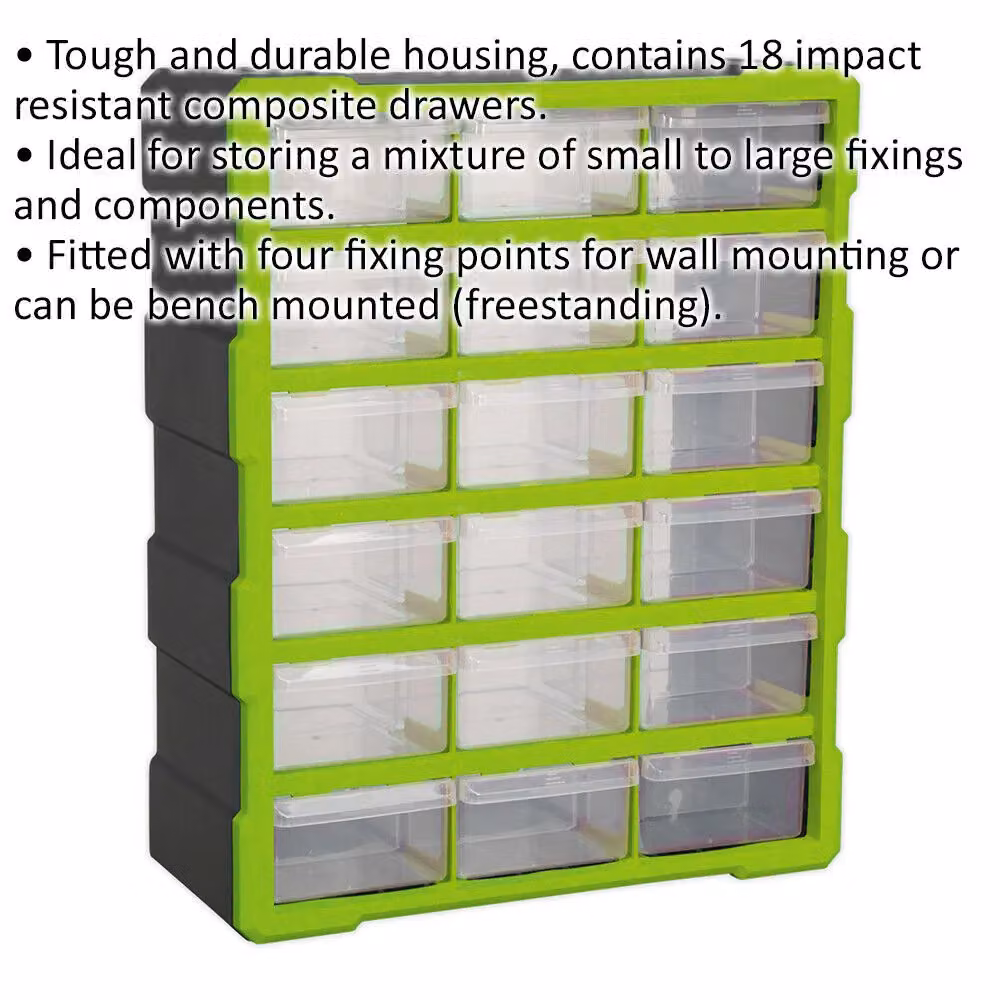 Loops 18 Drawer Parts Cabinet, Green, W/D/H: 37.5 x 16.5 x 47 cm, Wall Mounted or Standing – 2