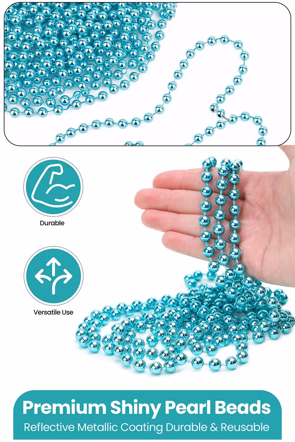 Neel Blue 9m Metallic Christmas Bead Chain, 7.5mm Shiny Turquoise Pearl Garland – 3