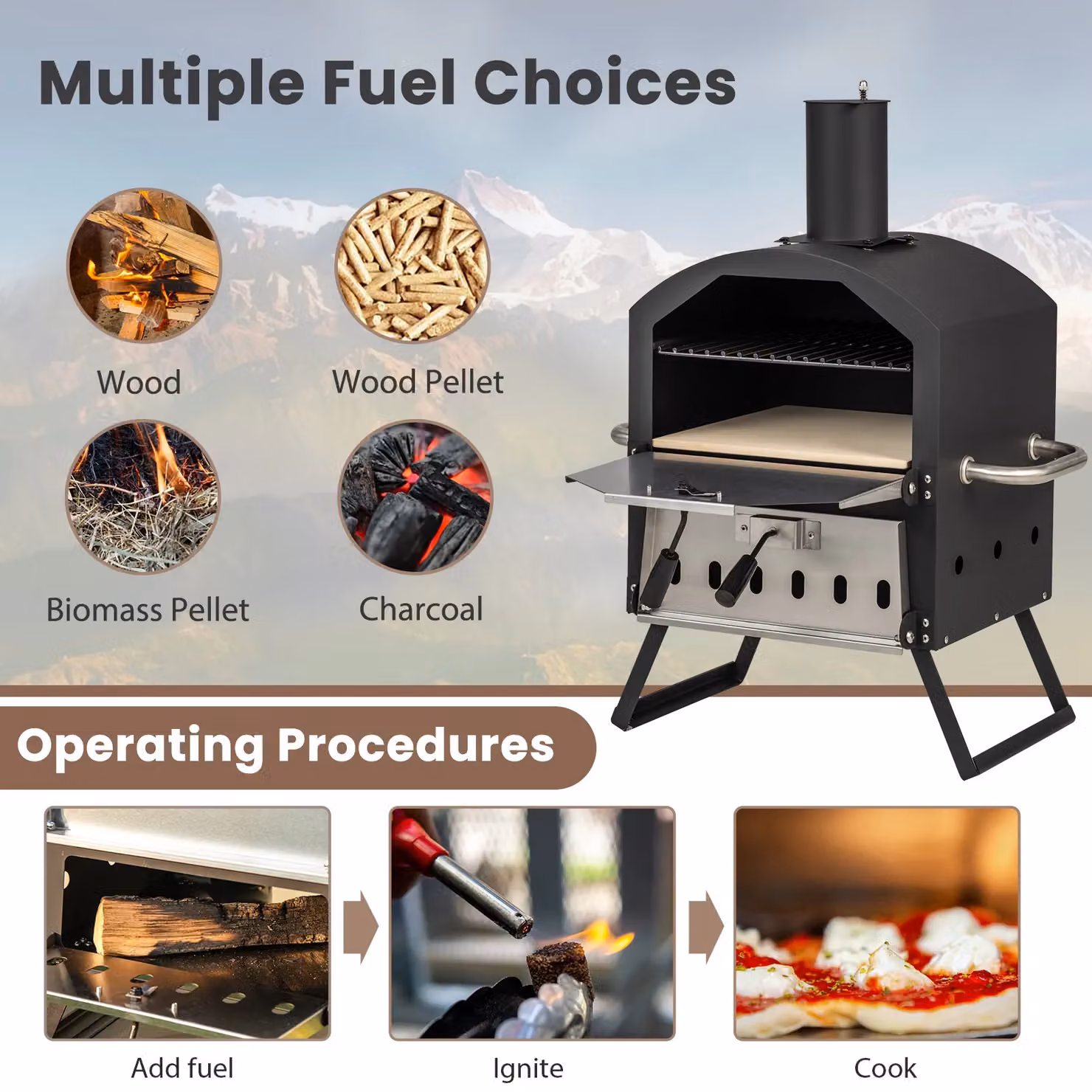 Costway 2-Layer Wood Fired Outdoor Pizza Oven and BBQ Grill with Stainless Steel, Black, W/D/H: 72.0 x 54.0 x 44.0 cm – 6