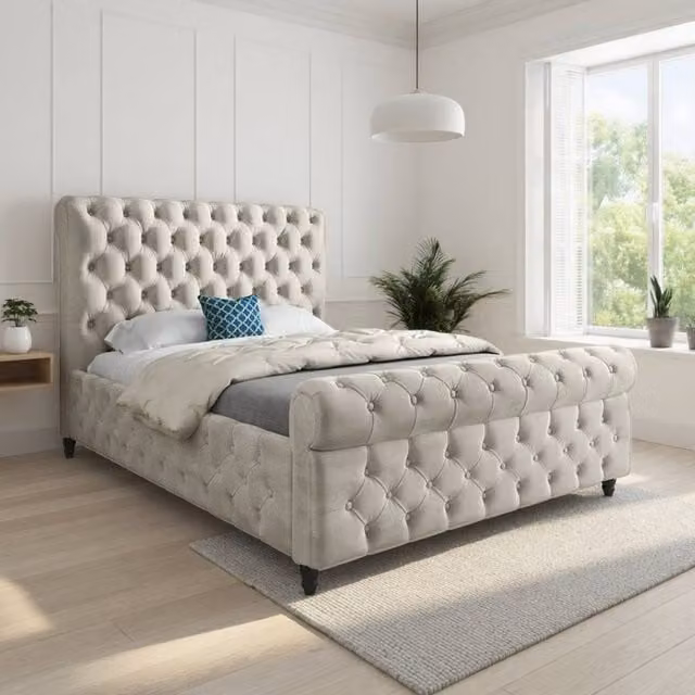 KDMD Tiddington Sleigh Upholstered Designer Bed Frame in Beige Soft Velvet, Size: Double (140 x 200 cm)