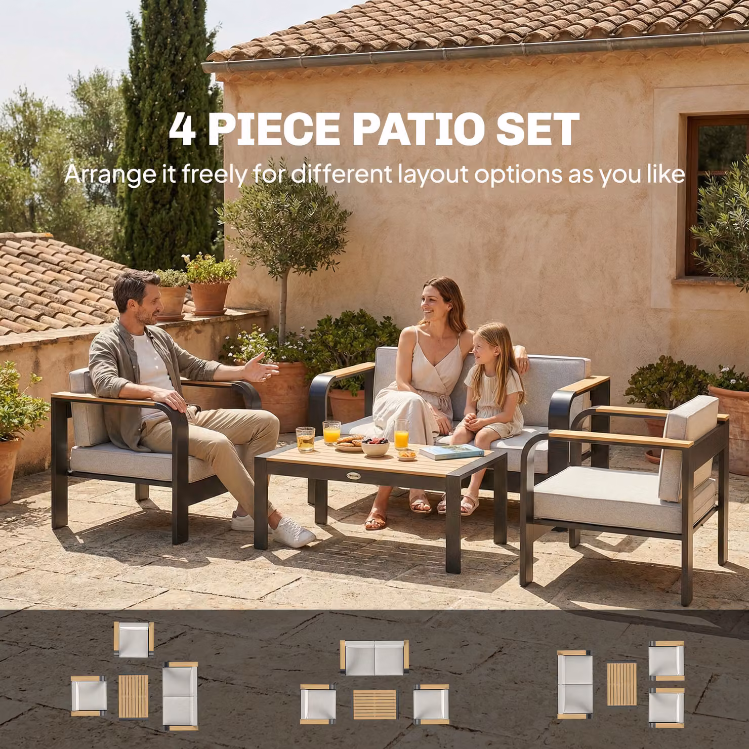 Outsunny 4 Seater Aluminium Garden Furniture Set with Olefin Cushions in Beige – 7