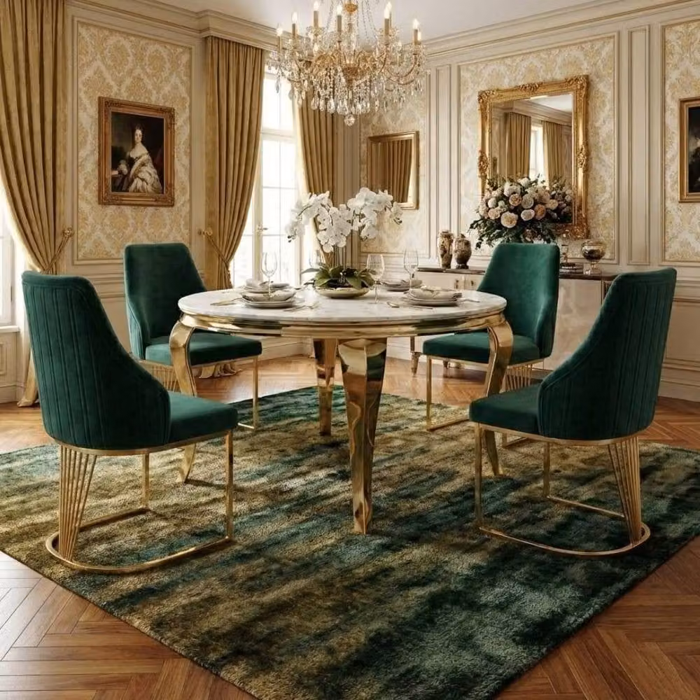 HOME LUXE INTERIOR Sofia Round Cream and Gold Marble Dining Table with 4 Lasco Green and Gold Chairs, Diameter: 150 cm – 3