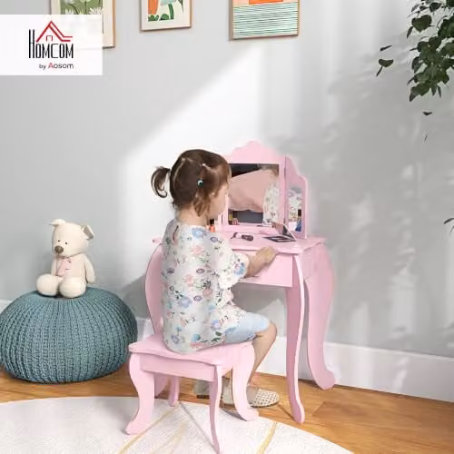 HOMCOM Kids Vanity Table and Chair Set with Tri-Folding Mirror and Stool in Pink – 2