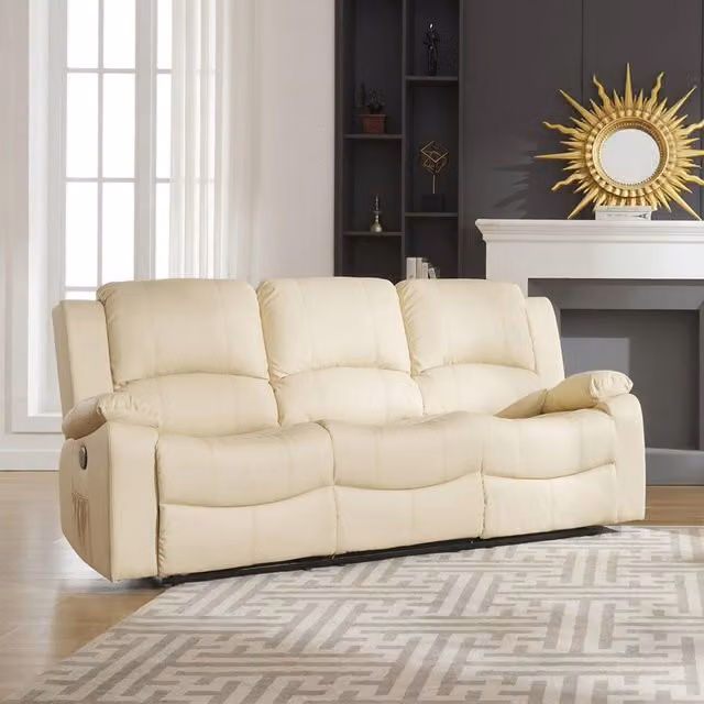 Artemis Home Glendale 3 Seat Electric Reclining Sofa in Cream with USB Charging and Synthetic Leather Upholstery