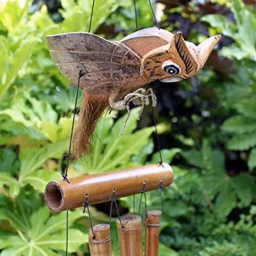 KDMD Brown Coconut Owl Windchimes with Rustic Wood Hanging Detail – 1