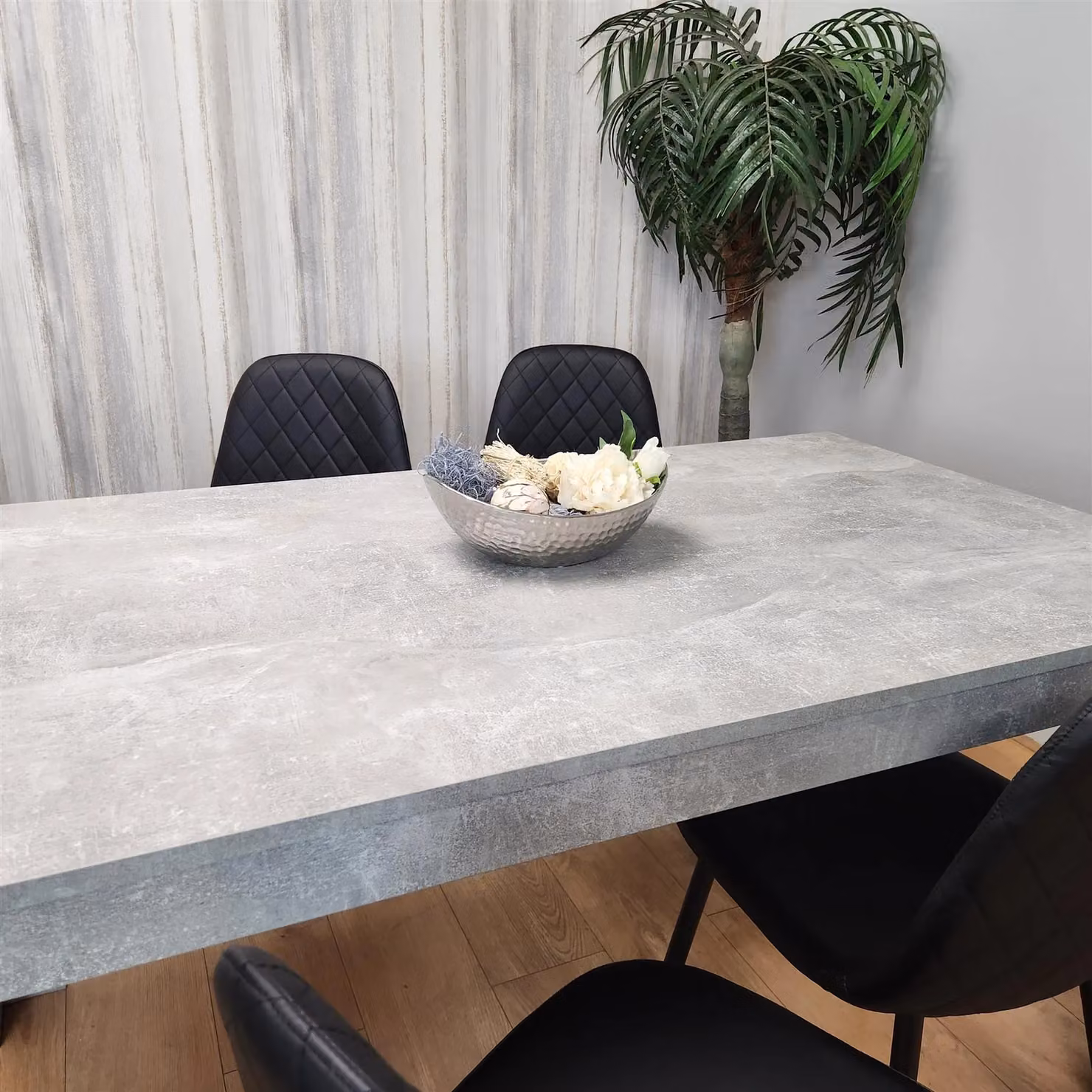 Kosy Koala Stone Grey Effect Wood Dining Table Set with 4 Black Gem Pattern Chairs in Brown – 3