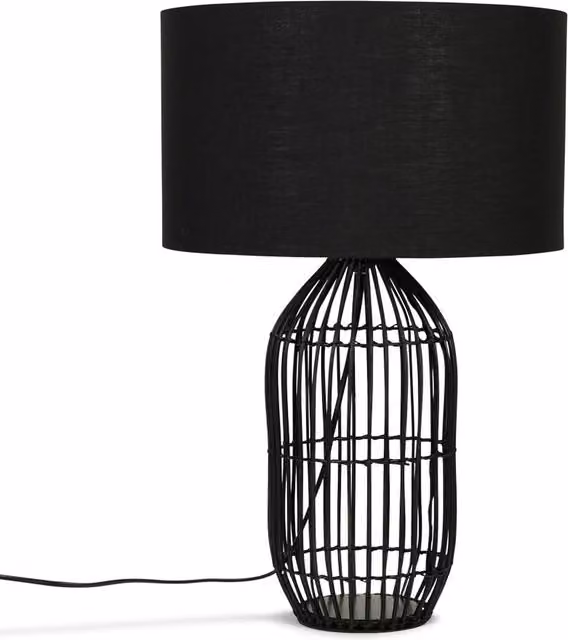 Hollins Large Rattan Cylinder Table Lamp in Black with Black Fabric Shade, Height: 53 cm