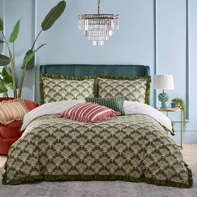 Make It A Home Deco Palm Printed Ruffle Reversible Duvet Cover Set, Green, Single, 90 x 190 cm