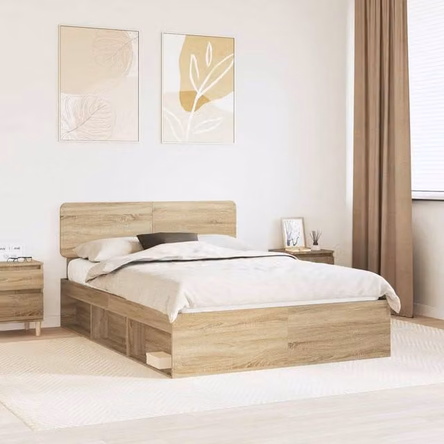 Berkfield Home Sonoma Bed Frame with Headboard in Brown Solid Pine Wood, W: 140 cm, L: 200 cm