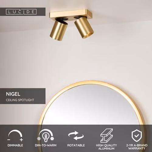 Lucide Nigel Dimmable LED Twin Ceiling Spotlight in Gold/Brass with GU10 Bulbs Included – 2