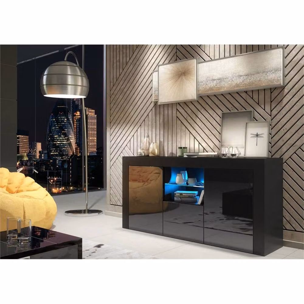 FORGEVIO Modern Black TV Unit Cabinet with Black Matt Body and Black Gloss Doors – 3