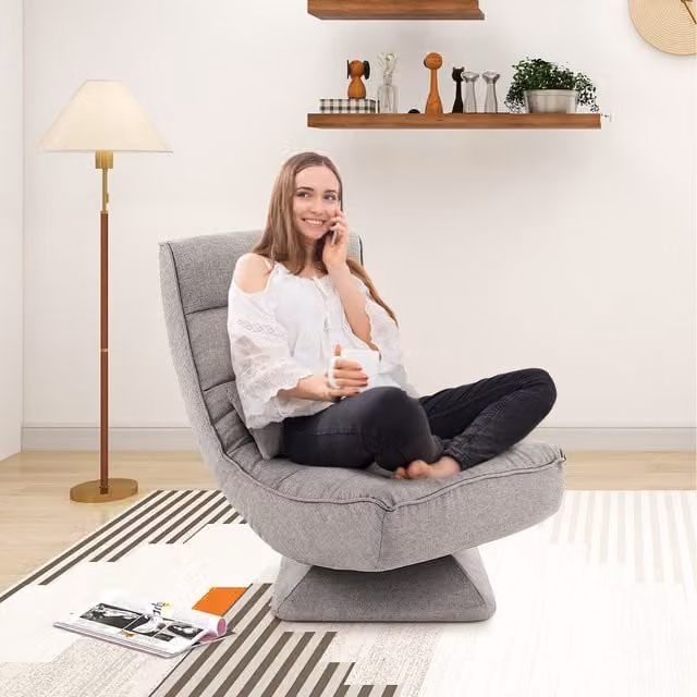 Costway Adjustable Grey Fabric Floor Chair with 360 Degree Swivel and Foam Padding