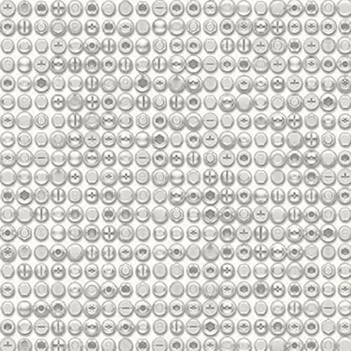 Galerie Grunge Geometric Bolts and Screwheads Industrial Abstract Wallpaper in Silver and White