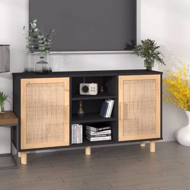 Berkfield Home Black Sideboard in Solid Pine and Natural Rattan, W/D/H: 105 x 30 x 60 cm