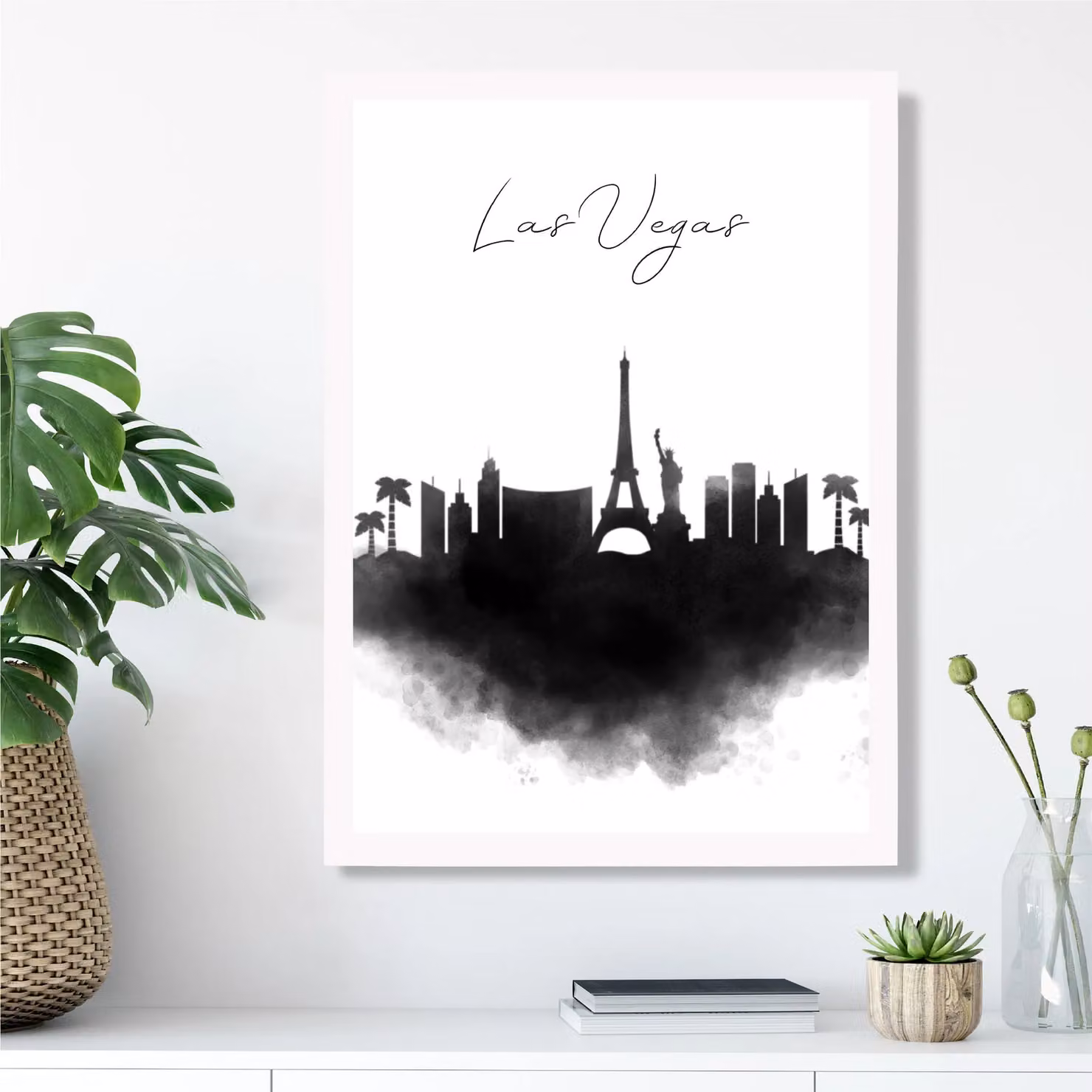 ARTZE Las Vegas Watercolour Skyline City Framed Print, Black and White, A2 – 2