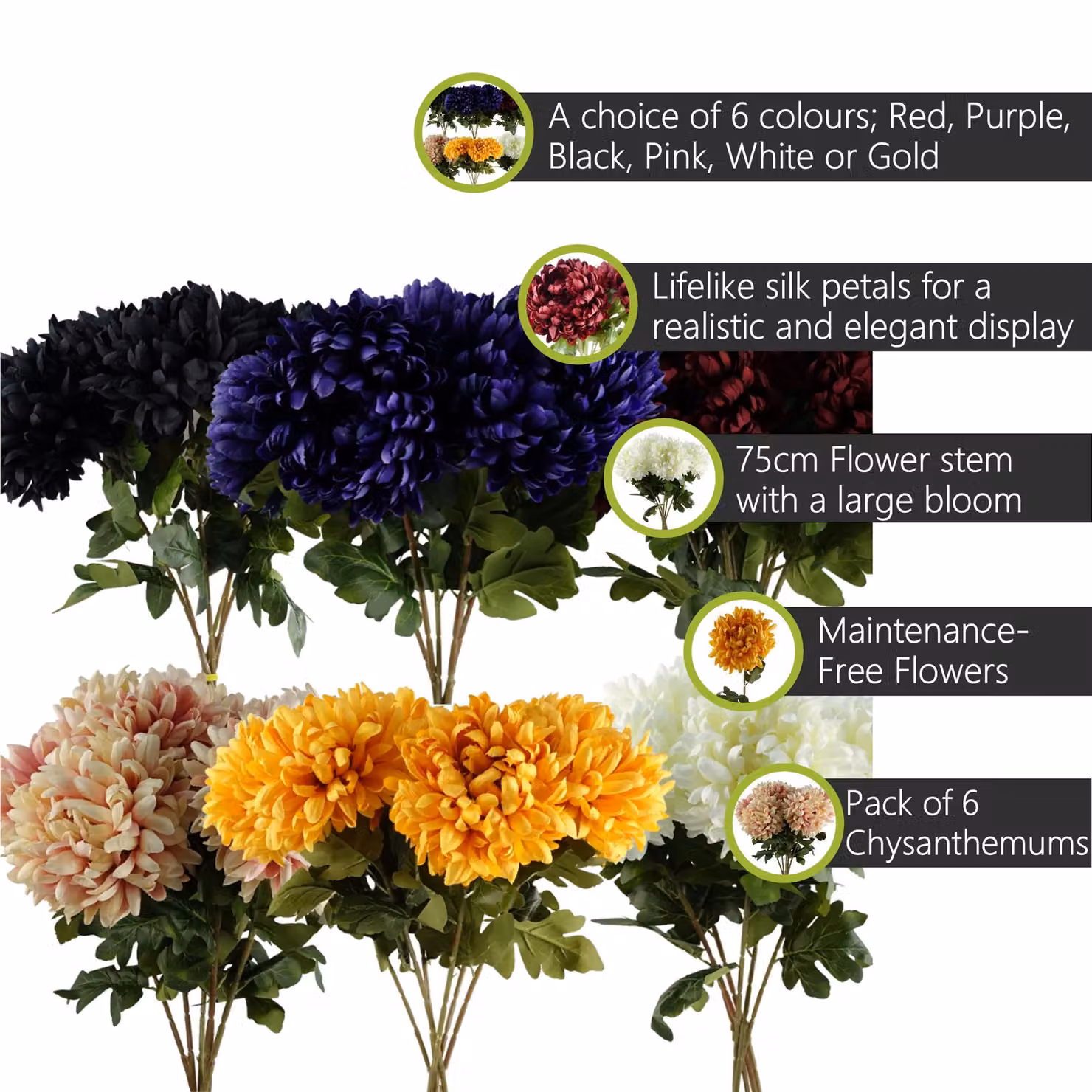 Pegdev Pack of 6 Red Reflex Chrysanthemum Artificial Silk Flowers, Height: 75 cm – 2