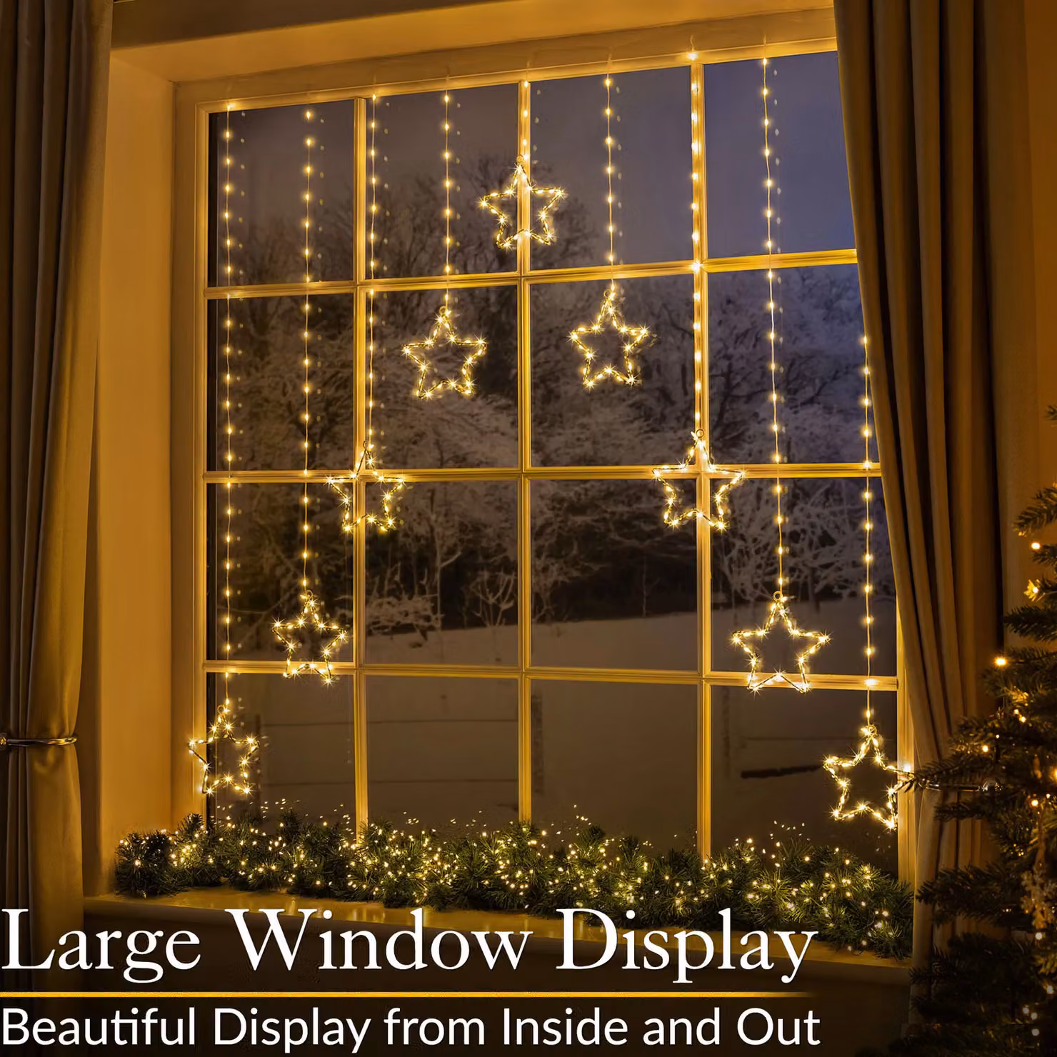Christow Christmas Star Micro LED Curtain Lights in Cream, W 120 cm x H 120 cm – 3