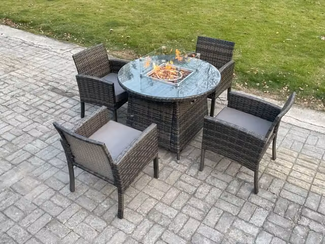 Fimous Outdoor Rattan Garden Furniture Set with Round Gas Fire Pit Table and 4 Dining Chairs in Dark Grey