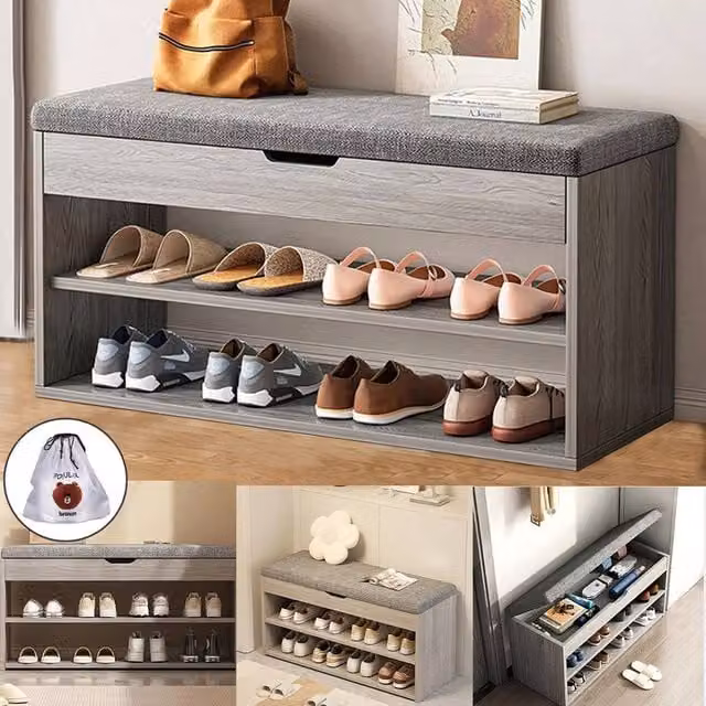 KORVIXA Grey Shoe Bench and Storage Rack Organiser with Fabric Cushion – 1