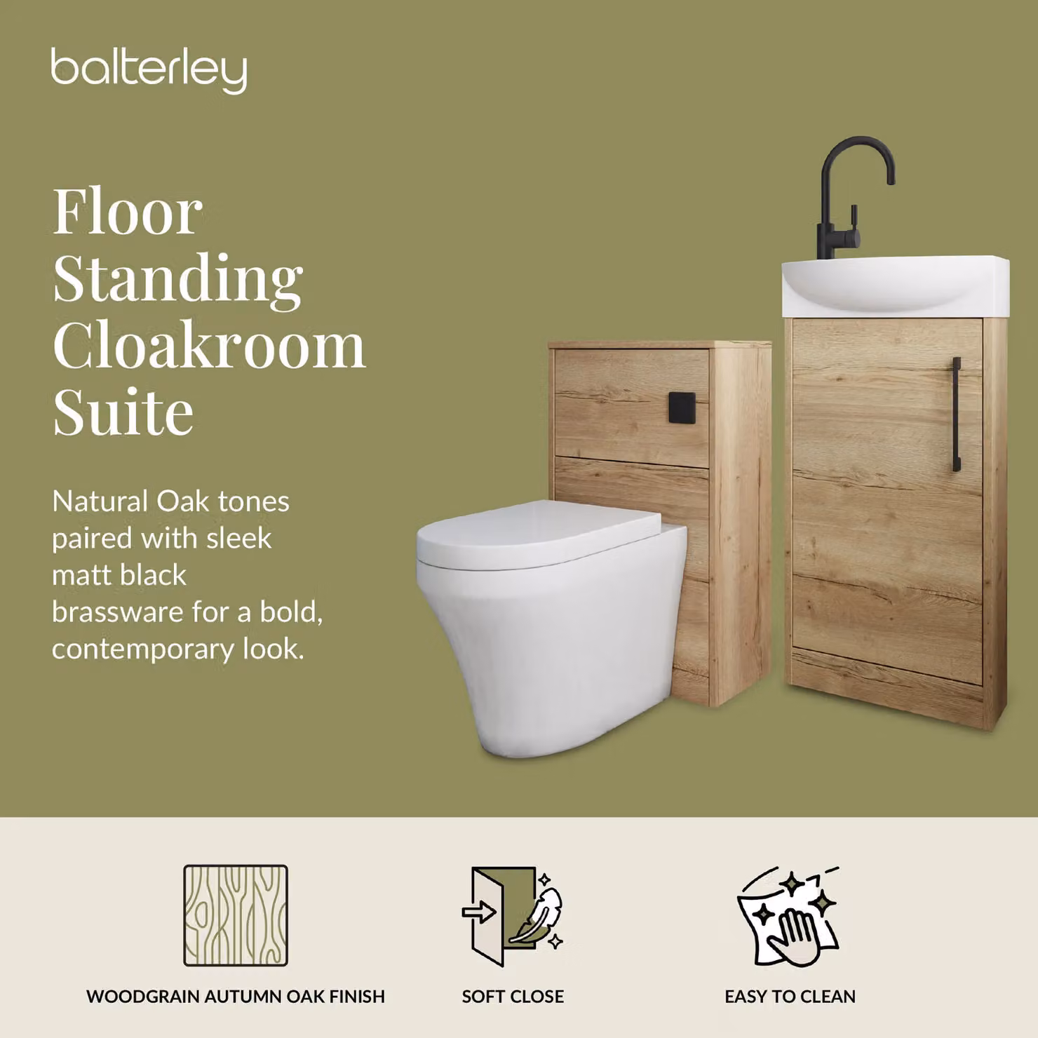 Balterley Right Hand Cloakroom Suite with Vanity, WC, Toilet and Tap Set in Oak and Brown with Black Details, Width: 44 cm – 2