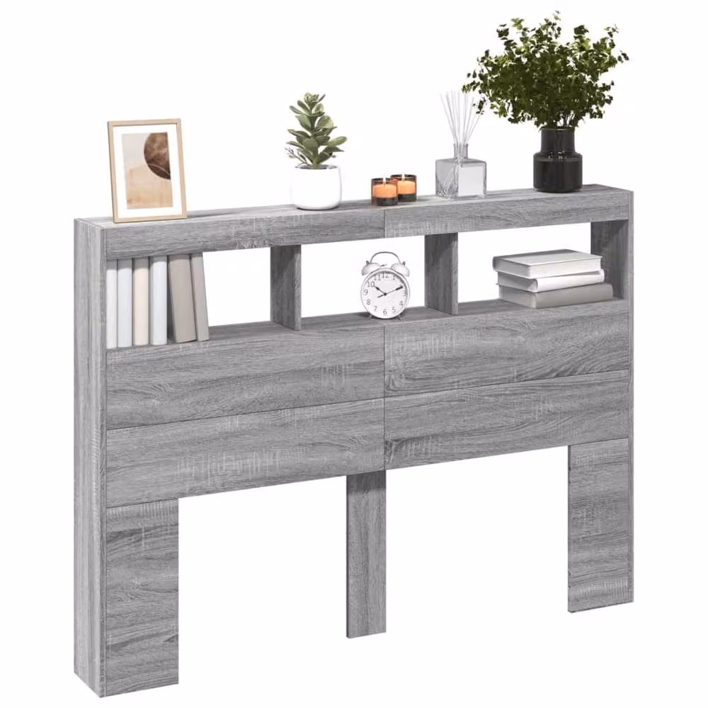 Berkfield Home Modern Wall Mount Headboard Cabinet with LED Lighting and USB Charging Port in Grey Sonoma, W: 140 cm, D: 17 cm, H: 102 cm – 4