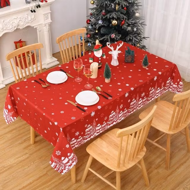 London Boutique Red and White Christmas Snow Floral Waterproof Wipeable Polyester Tablecloth W/D/H: 137.16 x 200.66 cm – 1