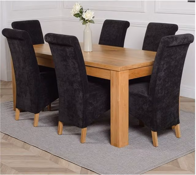 Thats Furniture Dakot Oak Dining Table and 6 Montana Fabric Chairs in Black, W: 182 cm, D: 92 cm