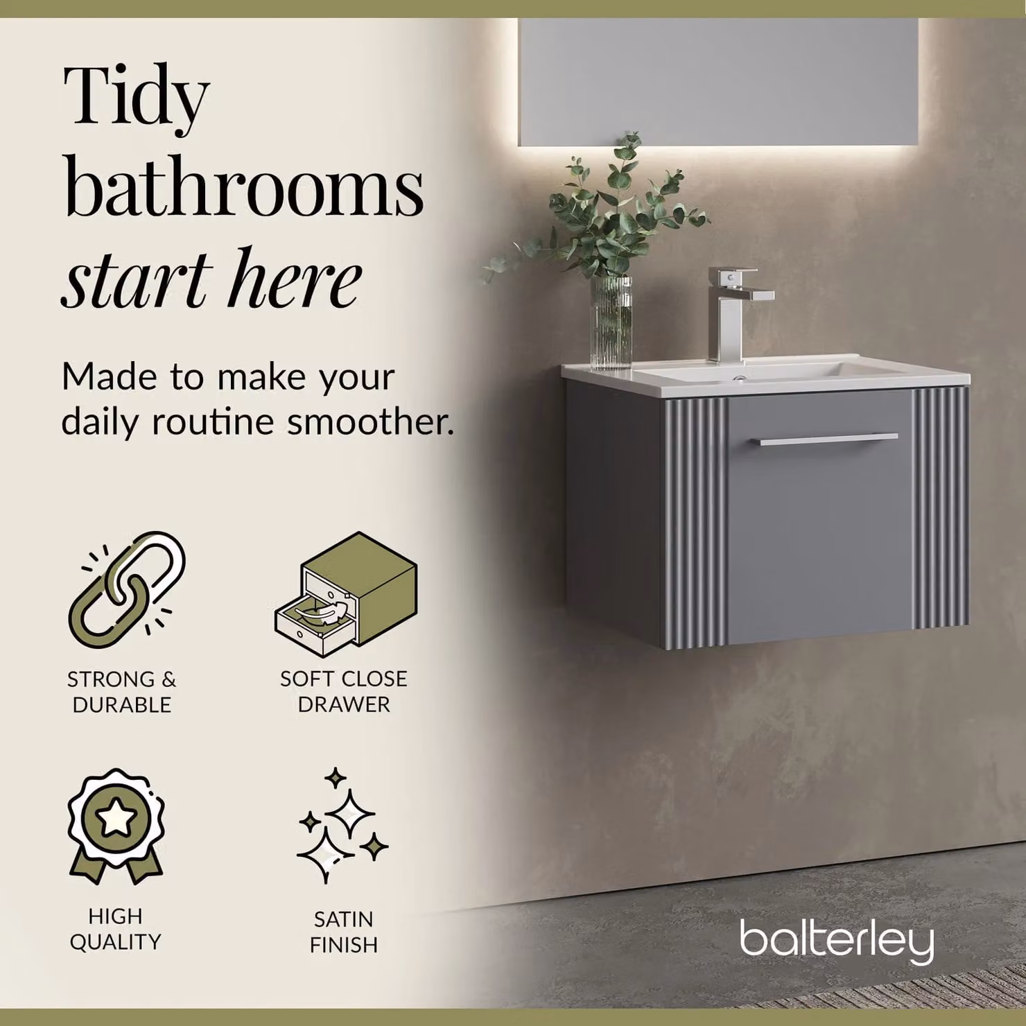 Balterley Wall Hung 1 Drawer Vanity Unit with Minimalist Basin, Satin Grey, Width: 50 cm – 3