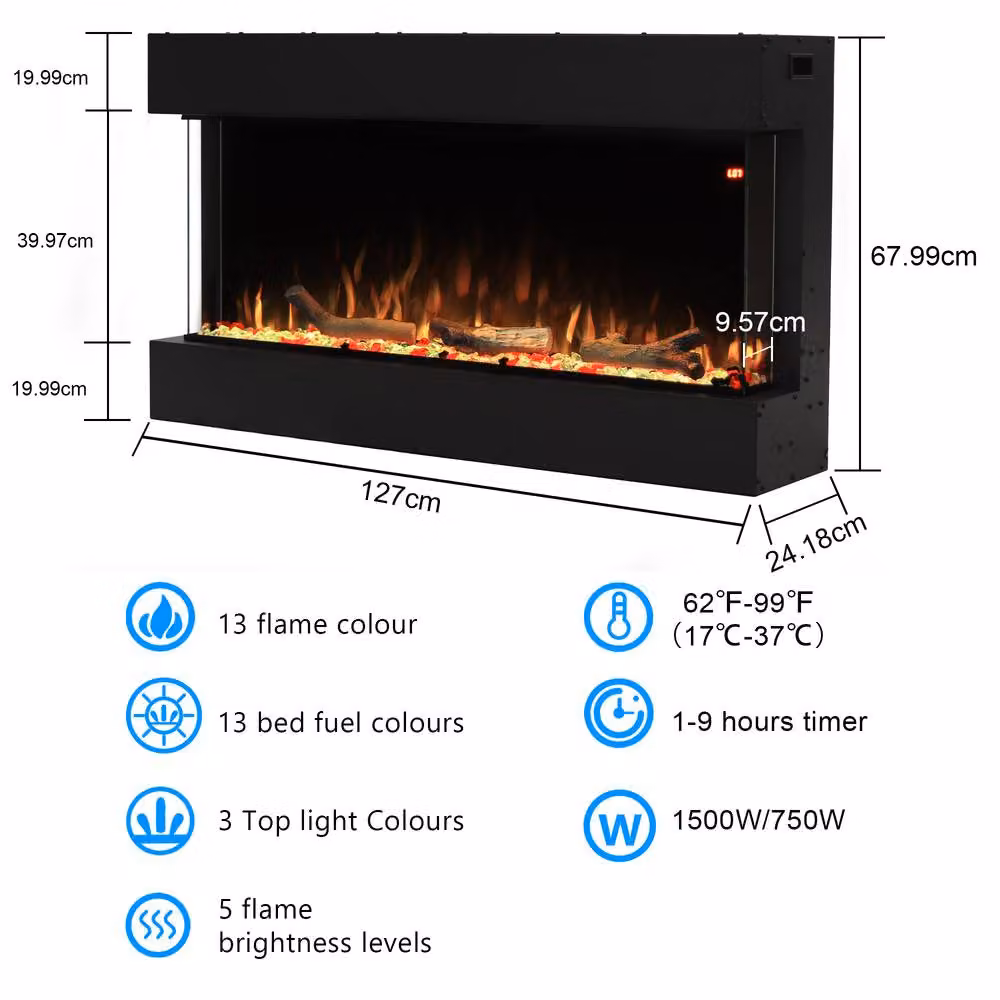Omni-Burn 3-Side Electric Fireplace in Black with 13 Colours and 5 Brightness Levels, W/D/H: 127 x 25.34 x 68 cm – 3