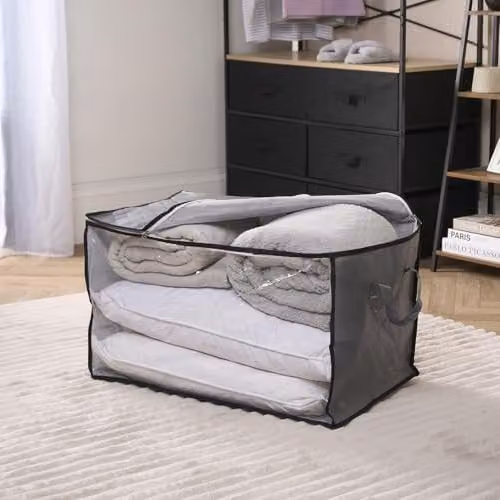 OHS 112L Extra Large Foldable Bedding and Clothes Storage Bag with Lid and Handles, Anthracite Grey