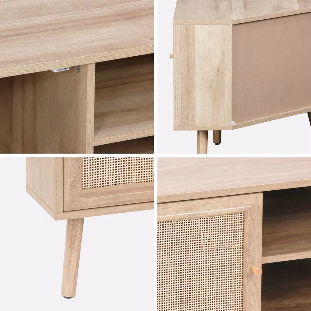 Sweekeet Retro TV Unit with Rattan Doors in Light Brown, W: 115 cm, H: 56 cm, D: 55 cm – 3