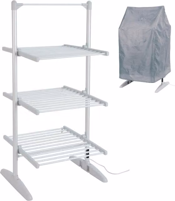 Igenix IGHA02236S Electric Heated 3 Tier Clothes Airer with Cover, Silver and White Aluminium Foldable Indoor Drier Rack