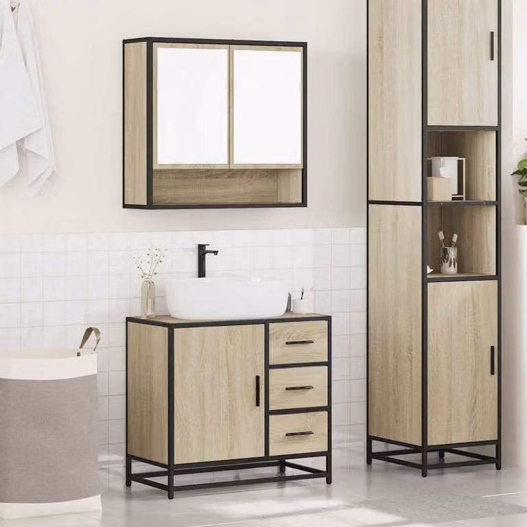 Berkfield Home 2 Piece Industrial Bathroom Furniture Set in Sonoma Oak and Brown, featuring a Vanity Unit and Mirror Cabinet