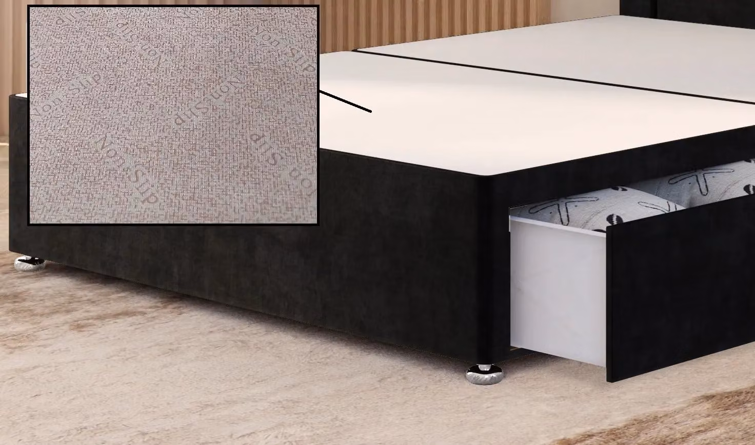 Somnior Alexas Divan Bed Base with 2 Drawers and Floor Standing Headboard in Black Plush Velvet, W/D/H: 120 x 200 cm – 2