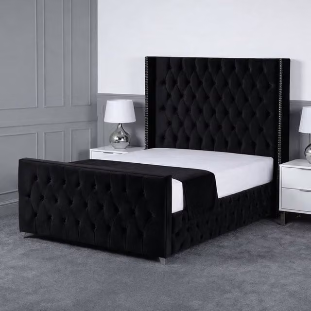 Living Comfort Bedz Executive Luxe Plush Upholstered Velvet Bed with Slatted Base and 48 Inch Headboard, Black, W/D/H: 140 x 200 cm – 1