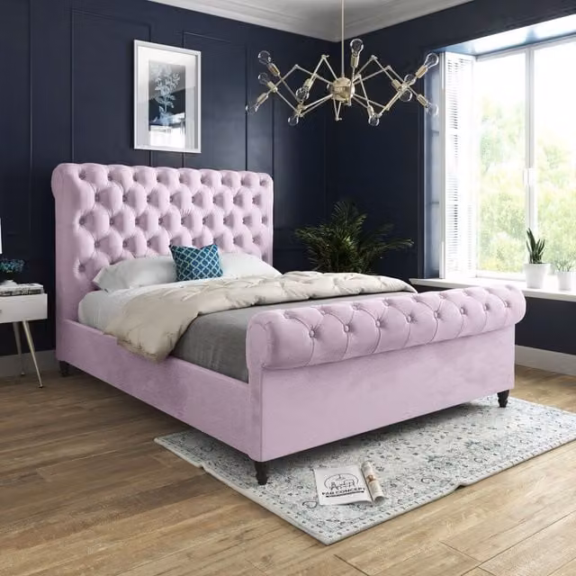 Casani Sienna Sleigh Upholstered Velvet Bed Frame in Pink, W/D/H: 140 x 200 x 119 cm