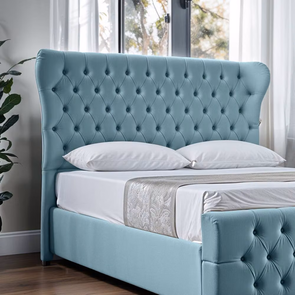 UK Bed Furniture Isabella Upholstered Slatted Base Bed with 48 Inch Wingback Headboard in Light Blue, Size: King (W: 180 cm, D: 200 cm) – 3