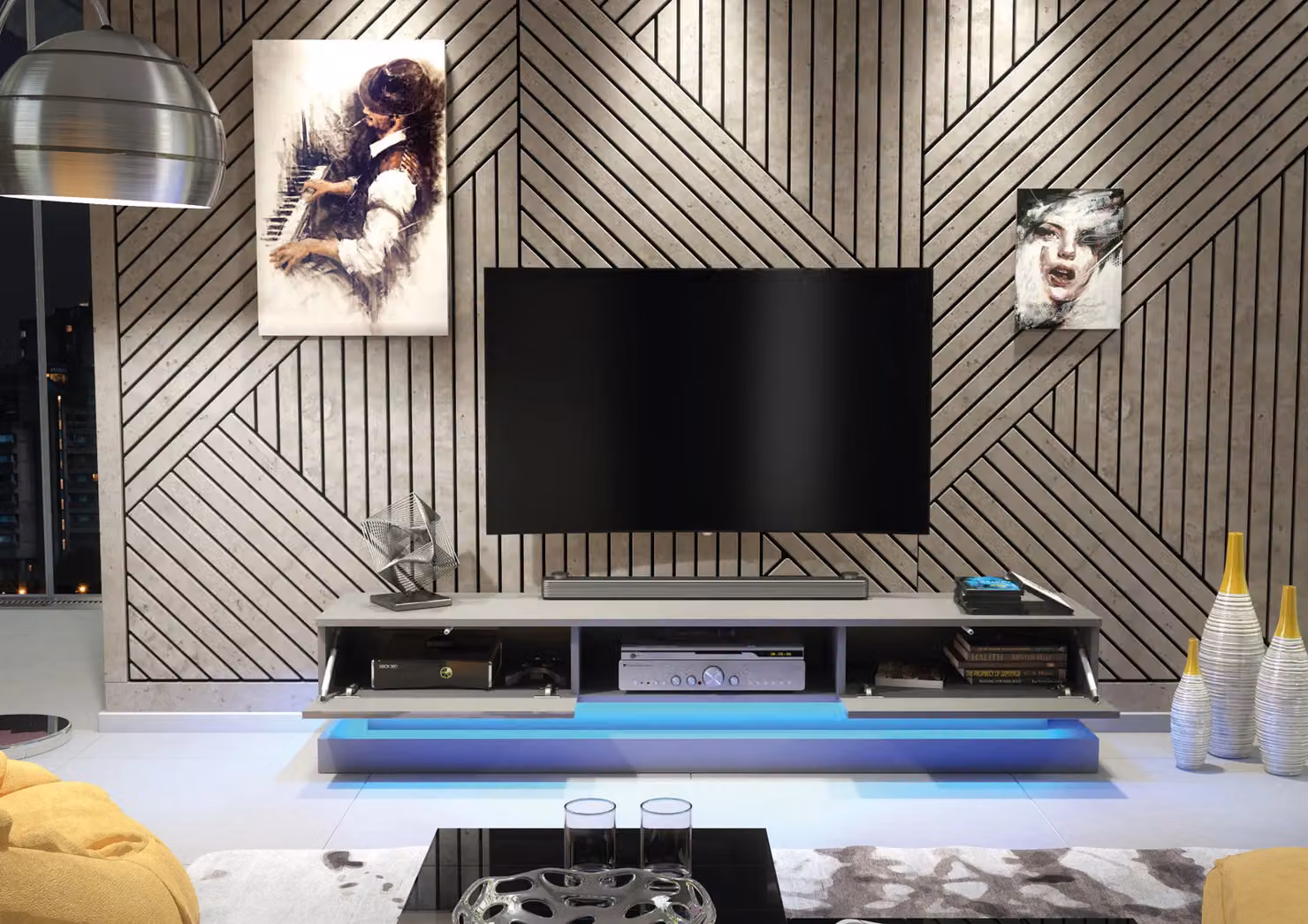 Mex Furniture LTD Modern TV Unit with LED Lighting and Glossy Doors in Dark Grey, W: 180 cm, H: 36 cm, D: 35 cm – 4