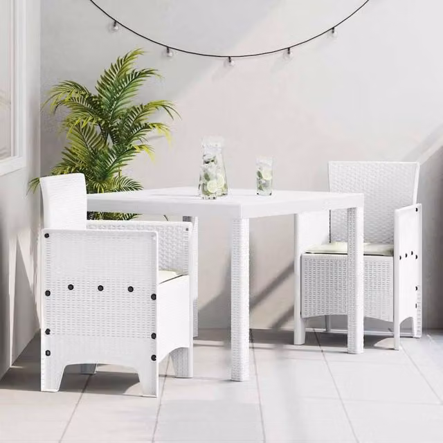 Berkfield Home 3 Piece White Poly Rattan Garden Dining Set with Cushions – 1