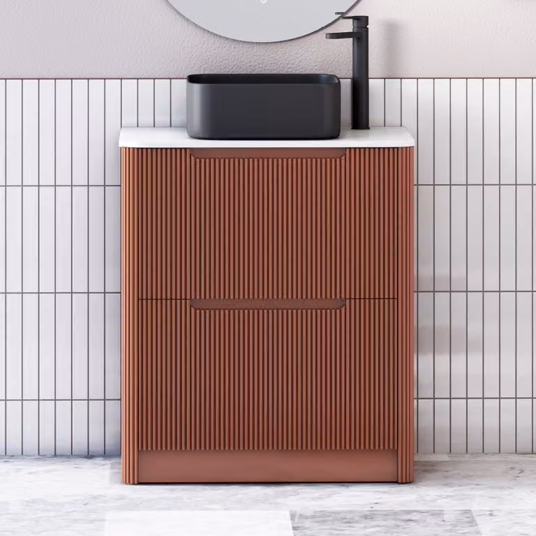 Royal Bathrooms Avenza Terracotta Clay Floor Standing Vanity Unit with 2 Drawers, Plain White Worktop and Art Square Basin, Width: 80 cm