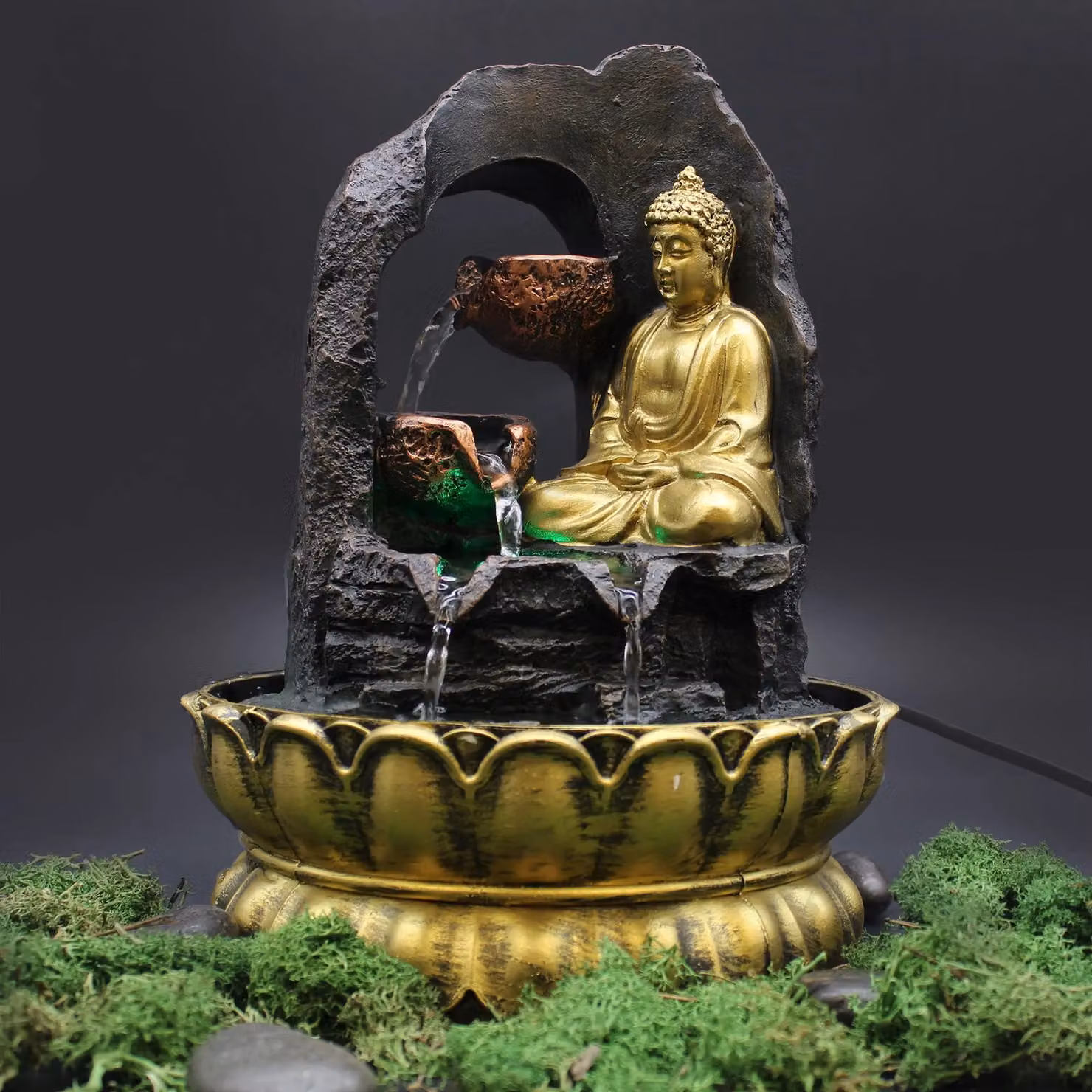 KDMD Golden Meditating Buddha Tabletop Water Fountain with LED Light, Gold – 4