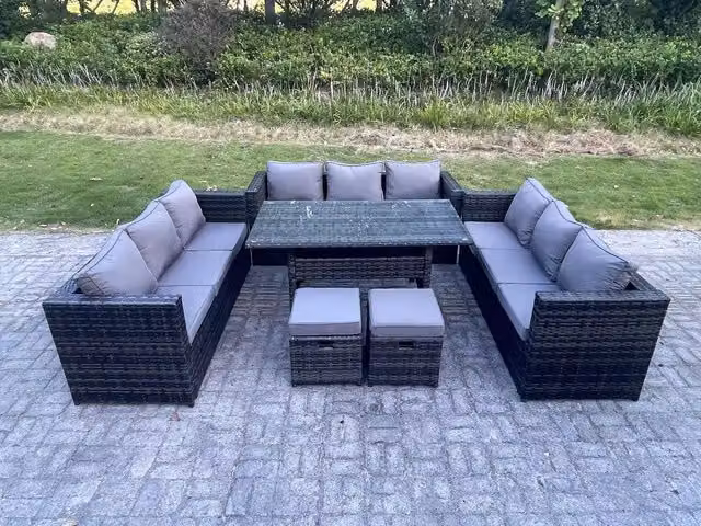 Fimous Outdoor Rattan Lounge Sofa Set with Rectangular Dining Table and 2 Stools in Dark Grey