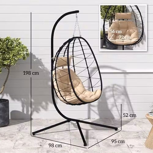 Outsunny Folding Hanging Egg Chair for Outdoor and Indoor Use in Brown or Beige – 3
