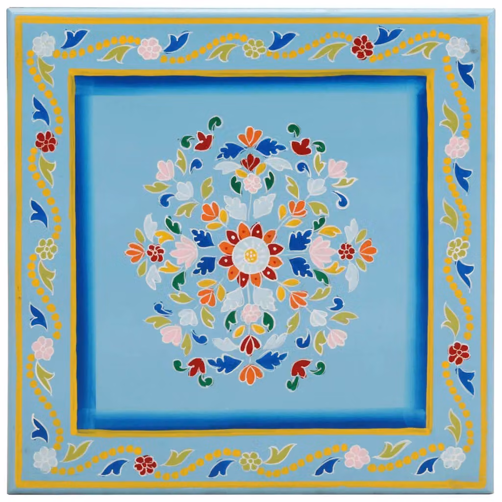 Berkfield Home Turquoise Hand Painted Mango Wood Coffee Table with Floral Ethnic Design – 2