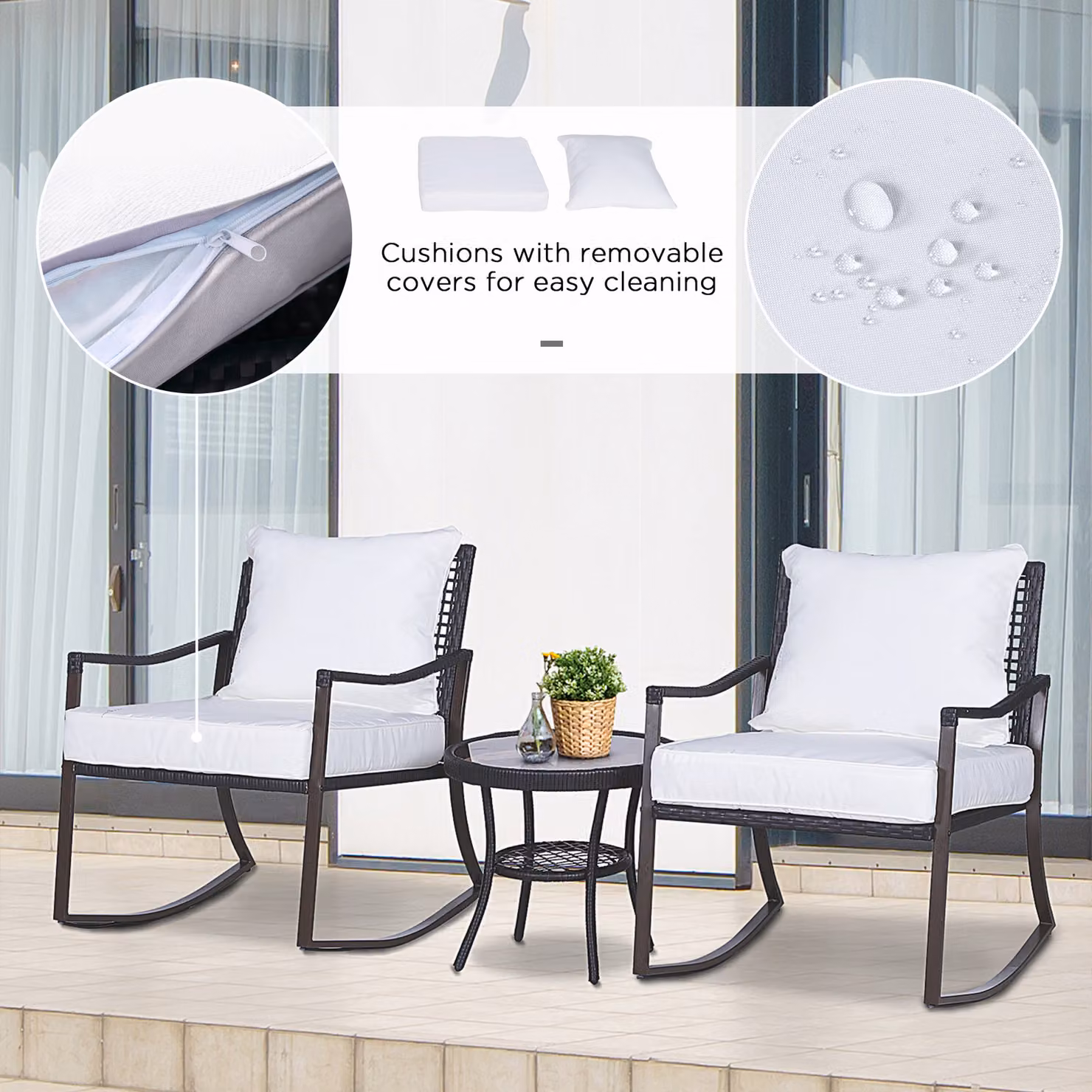 Outsunny 2 Seater Rattan Bistro Set with 2 Rocking Armchairs, Pillowed Cushions and Round Tempered Glass Coffee Table, Brown – 6