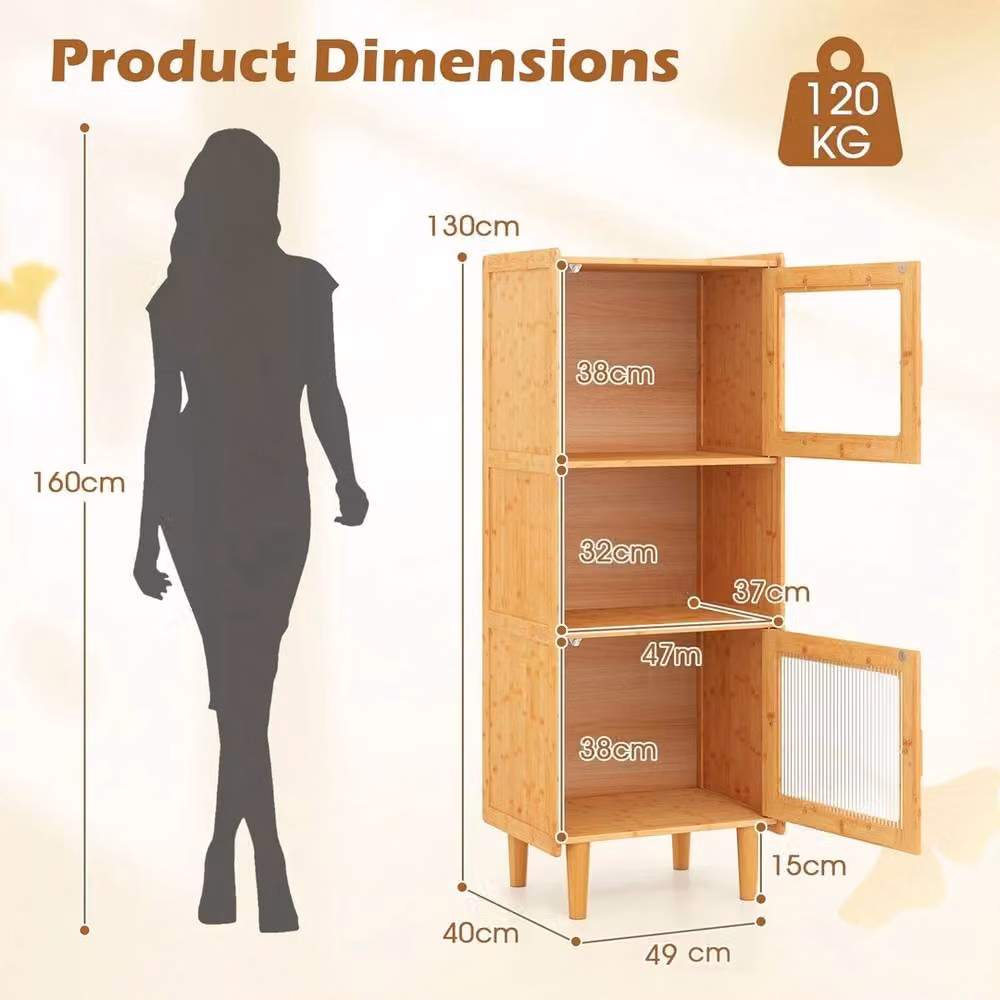 VOGREX Natural Bamboo 3-Cube Freestanding Storage Cabinet with Hinged Doors and Open Shelf – 2